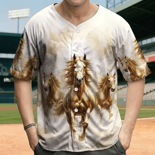 Galloping Herd of Golden Bronze Wild Horses with Flowing Manes and Clouds - Wildlife Lover Gift Baseball Jersey