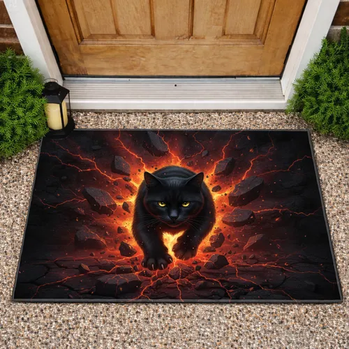 Black Cat Fiery Cracked Ground - Home Decor Gift for Cat Lovers Doormat
