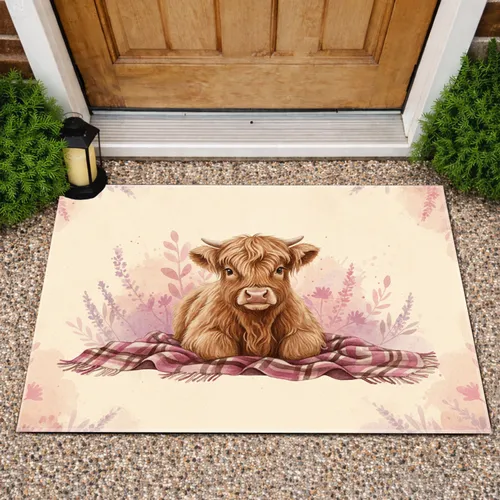 Highland Cow Wildflower Meadow Plaid - Farmhouse Home Decor Gift for Cow Lover Doormat