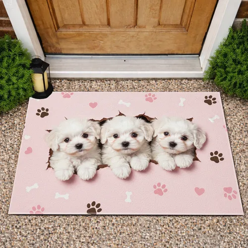 Fluffy White Bichon Frise Puppies Paw Prints Hearts Bones - Home Decor Gift for Dog Lover Doormat