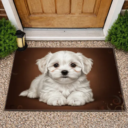Adorable Fluffy White Puppy Eye Gaze Deep Brown Background - Dog Lover Home Decor Gift Doormat