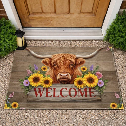 Highland Cow Welcome Sign Wildflowers - Farmhouse Home Decor Gift for Cow Lovers Doormat