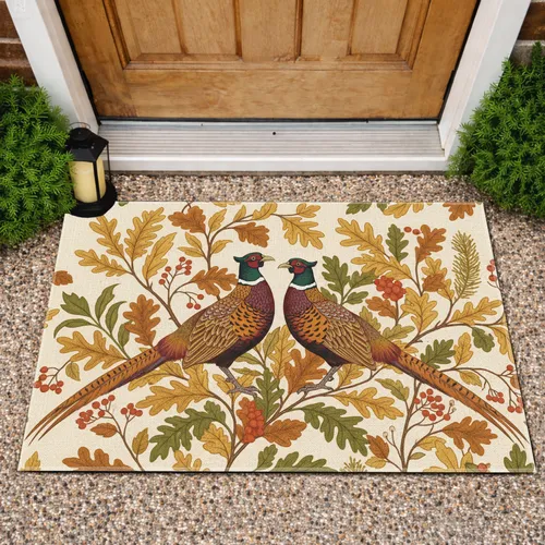 Long Tail Pheasant Pair Autumn Oak Leaf Berries Home Decor Wildlife Lover Gift Doormat