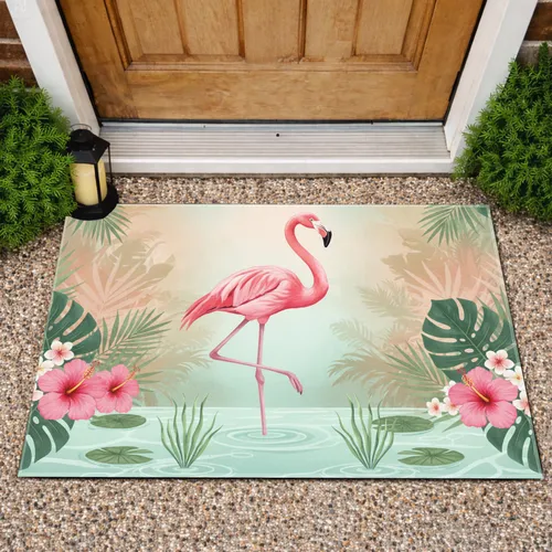 Pink Flamingo Tropical Hibiscus Monstera Palm - Home Decor Gift for Tropical Lover Doormat