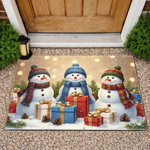 Snowmen Knitted Hats Christmas Gifts Snow Pinecones Lights - Christmas Home Decor Doormat