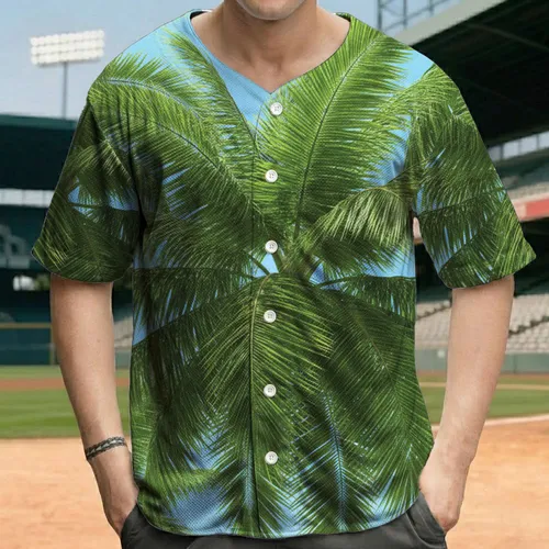 Large Lush Green Palm Fronds Clear Sky - Tropical Vacation Gift for Vacationers Baseball Jersey