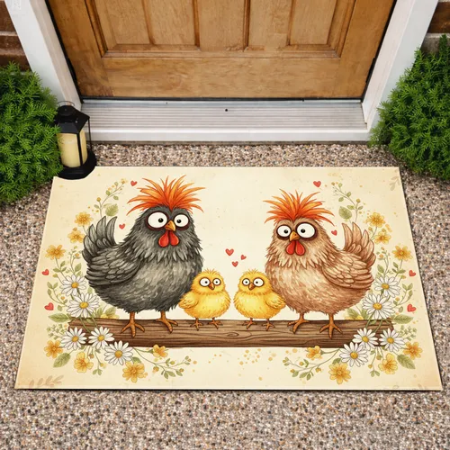 Surprised Chicken Family Rustic Beam Daisy Flowers - Farmhouse Decor Gift for Chicken Lovers Doormat