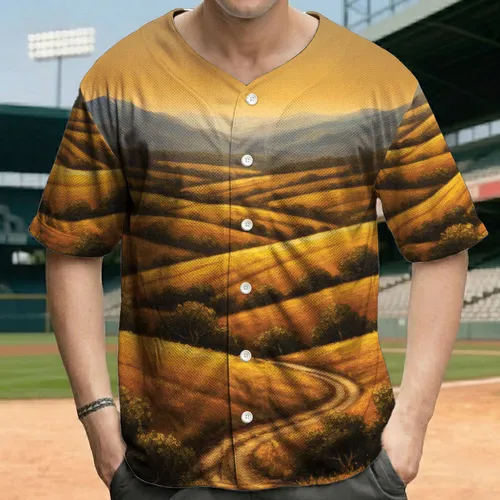 Rolling Landscape Golden Ochre Fields Winding Dirt Path Hazy Mountains - Nature Lover Gift Baseball Jersey