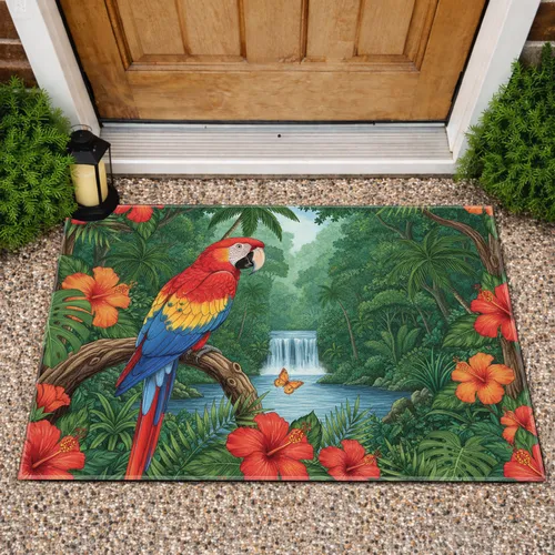 Scarlet Macaw Tropical Hibiscus Rainforest - Wildlife Lover Home Decor Gift Doormat