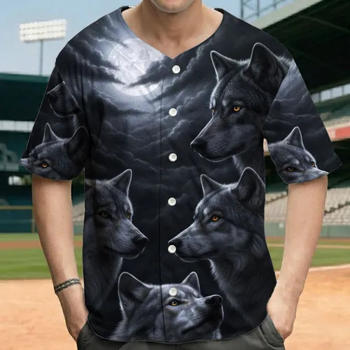 Nighttime Realistic Grey Wolves Pack Full Moon Storm Clouds - Wildlife Lover Gift Baseball Jersey