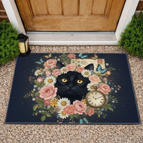 Black Cat Vintage Floral Pocket Watch - Home Decor Gift for Cat Lover Doormat