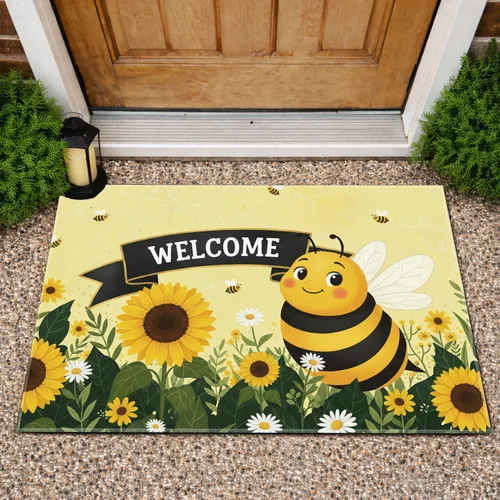Chubby Bee Welcome Banner Sunflower Wildflower Garden - Home Entryway Decor Doormat