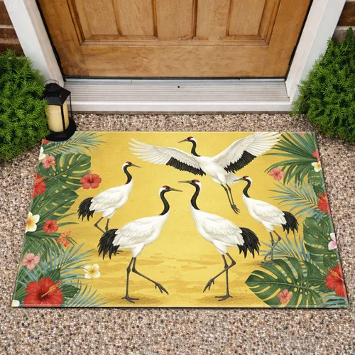 Red-crowned Cranes Tropical Foliage Blooms - Home Decor Gift for Wildlife Lovers Doormat