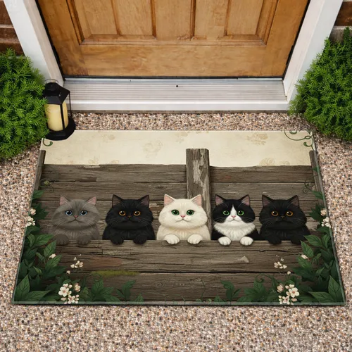 Five Fluffy Cats Peeking Wooden Plank - Home Decor Gift for Cat Lover Doormat