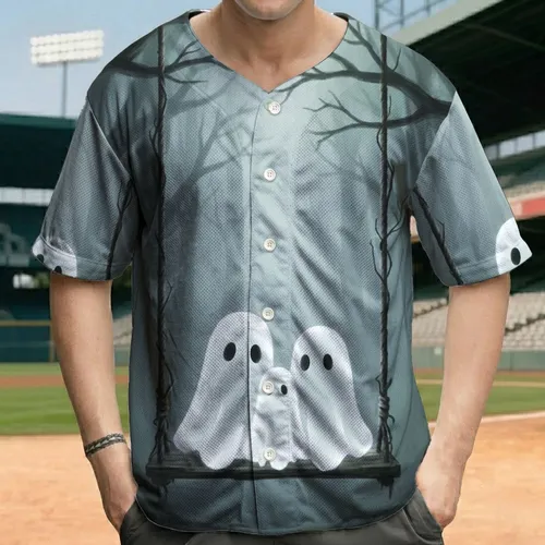 Ethereal White Ghosts Wooden Swing Dark Forest - Halloween Party Gift Baseball Jersey