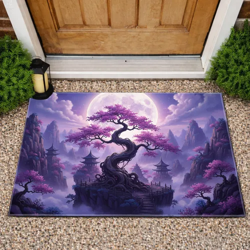 Full Moon Pagodas Gnarled Tree Mountain Peaks - Home Decor Gift Doormat