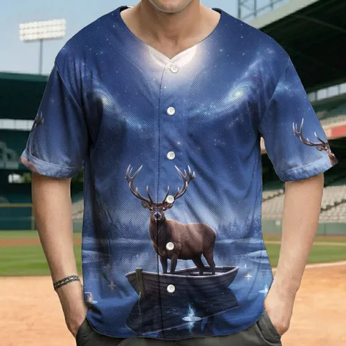 Elk Rowboat Icy Lake Moonlit Sky - Winter Wildlife Gift for Nature Lover Baseball Jersey