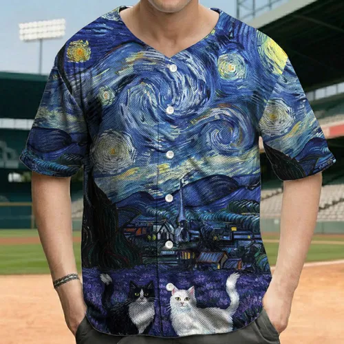 Black White Cats Cypress Lavender Field Starry Night Village - Cat Lover Gift Baseball Jersey