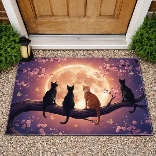 Four Cats Moon Cherry Blossoms Butterflies - Home Decor Gift for Cat Lover Doormat