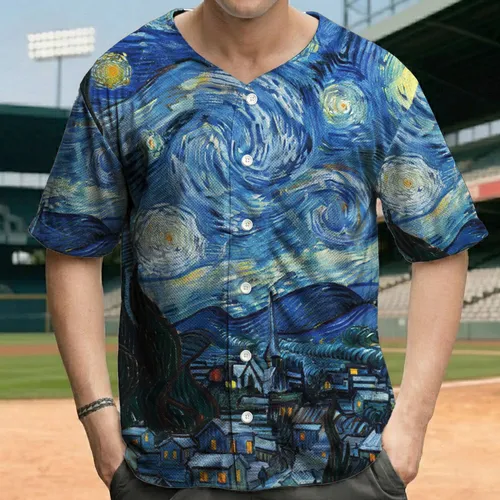 Night Sky Luminous Stars Crescent Moon Snow Village Cypress Trees - Winter Gift Baseball Jersey