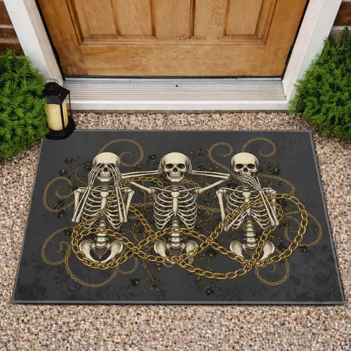 Skeletons Golden Chains See No Evil Hear No Evil - Gothic Home Decor Gift Doormat