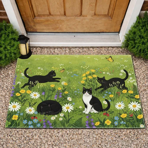 Black Cat Wildflower Meadow - Home Decor Gift for Cat Lover Doormat