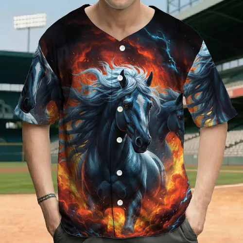 Majestic Blue Horse Two Heads Fiery Flames - Horse Lover Gift Baseball Jersey