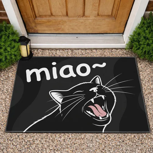 White Outline Meowing Black Cat Miao - Everyday Home Decor Gift for Cat Lover Doormat