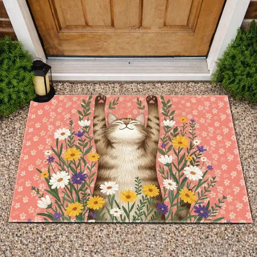 Tabby Cat Wildflower Floral - Home Decor Gift for Cat Lover Doormat