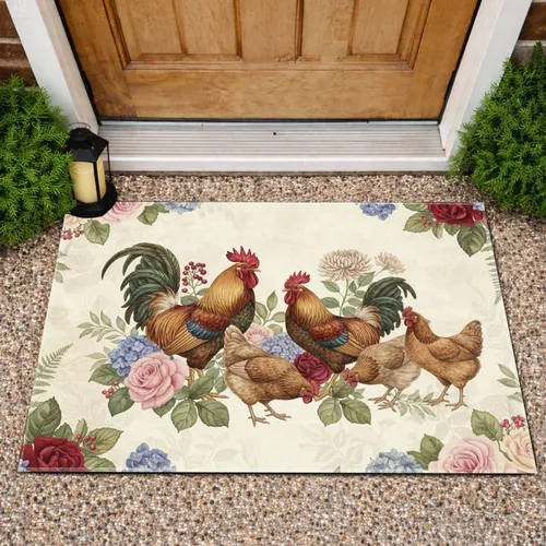 Six Farmhouse Roosters Hens Rose Hydrangea Wildflower - Farmhouse Home Decor Gift Doormat