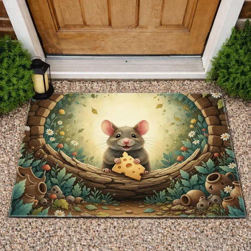 Cheerful Field Mouse Swiss Cheese Rustic Log Wildflowers - Wildlife Lover Home Decor Gift Doormat