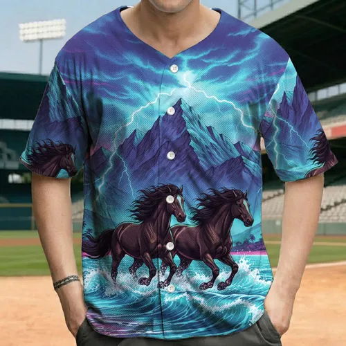 Dark Brown Horses Galloping Ocean Waves Lightning - Wildlife Lover Gift for Horse Lover Baseball Jersey