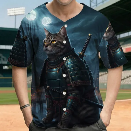 Vigilant Samurai Tabby Cat Japanese Rooftop Cityscape Twin Moons - Cat Lover Gift Baseball Jersey