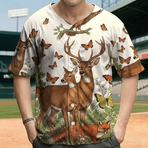 Deer Fox Hawk Butterflies Wildflower Scene - Wildlife Lover Gift Baseball Jersey