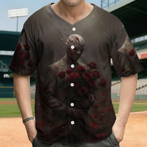 Somber Humanoid Figure Blood-Stained Roses Desolate Field - Ethereal Style Wearable Gift Baseball Jersey