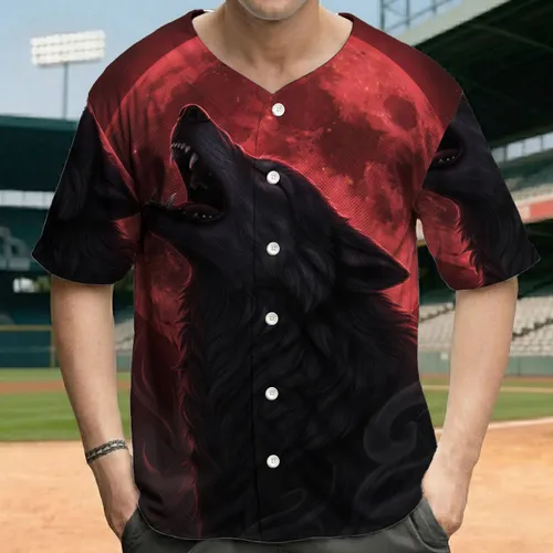 Head Thrown Back Howling Dark Wolf Red Eye Blood Red Moon - Fantasy Lover Gift Baseball Jersey