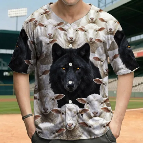 Black Wolf Golden Eyes White Sheep Flock - Wildlife Lover Gift Baseball Jersey