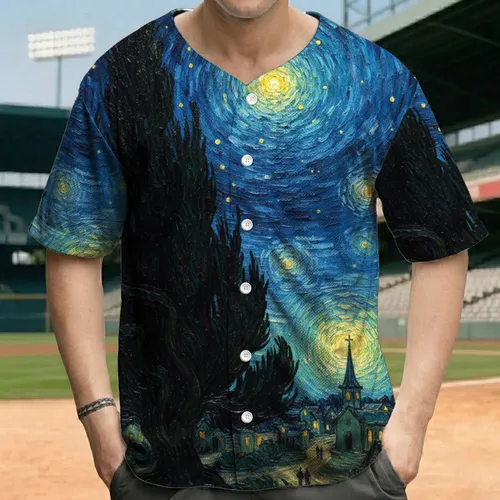 Towering Cypress Tree Starry Night Illuminated Village Scene - Landscape Lover Gift Baseball Jersey