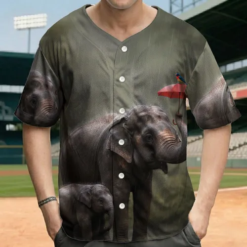 Majestic Elephant Baby Elephant Umbrella Bird Jungle Scene - Wildlife Lover Gift Baseball Jersey