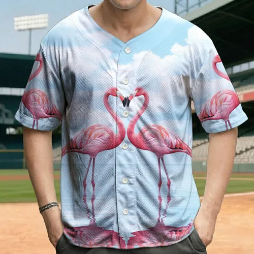 Pink Flamingos Entwined Heart Water Sky Clouds - Nature Scene Gift for Her Baseball Jersey