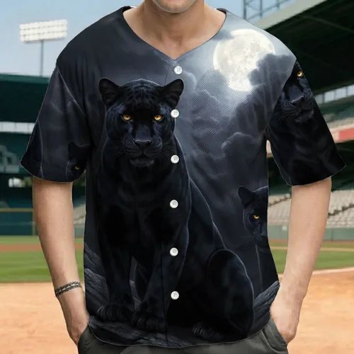 Black Panther Golden Eyes Ancient Rocks Full Moon Storm Clouds - Wildlife Lover Gift Baseball Jersey