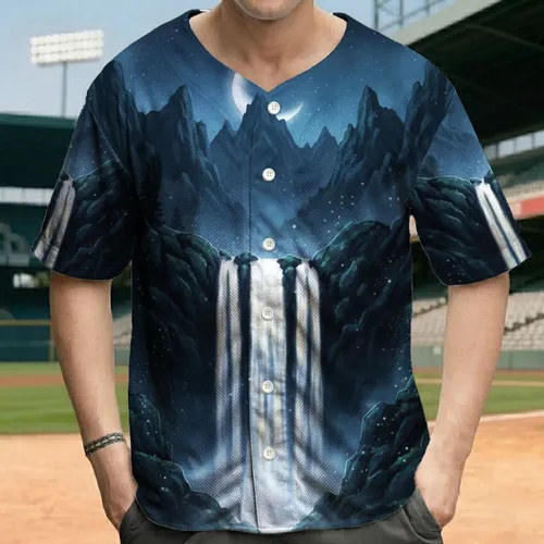Glowing Waterfall Lake Dark Mountains Celestial Sky - Fantasy Lover Gift Baseball Jersey