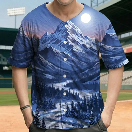 Majestic Winter Mountain Range Full Moon Evergreen River - Outdoor Adventure Gift Baseball Jersey
