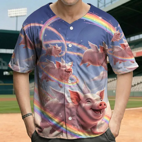 Smiling Flying Pigs Swirling Trails Clouds Sky - Fantasy Lover Gift Baseball Jersey