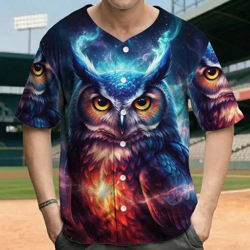 Majestic Owl Portrait Glowing Eyes Ethereal Cosmic Nebula Dust - Wildlife Lover Gift Baseball Jersey