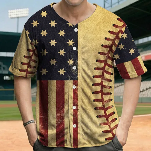 Distressed American Flag Baseball Seams - Independence Day Gift for Veterans Baseball Jersey