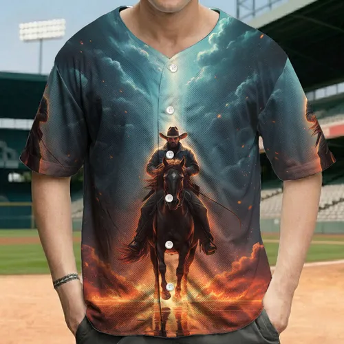 Solitary Silhouetted Cowboy Horse against Fiery Embers Cosmic Clouds - Adventure Lover Gift Baseball Jersey