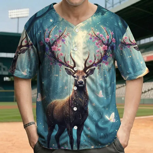Majestic Stag Glowing Antlers Pink Purple Flowers - Fantasy Lover Gift Baseball Jersey