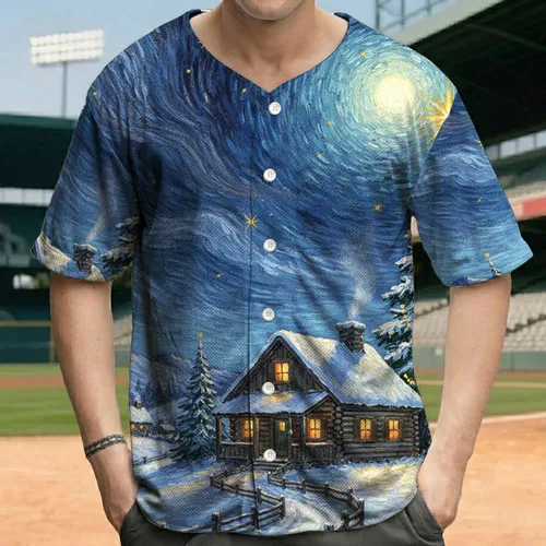 Snow Dusted Log Cabin Christmas Tree Golden Starry Sky - Christmas Holiday Gift Baseball Jersey