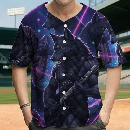Black Wolf Electric Guitar Harp Neon Cosmic Stars Band - Concert Event Gift for Music Lover Baseball Jersey